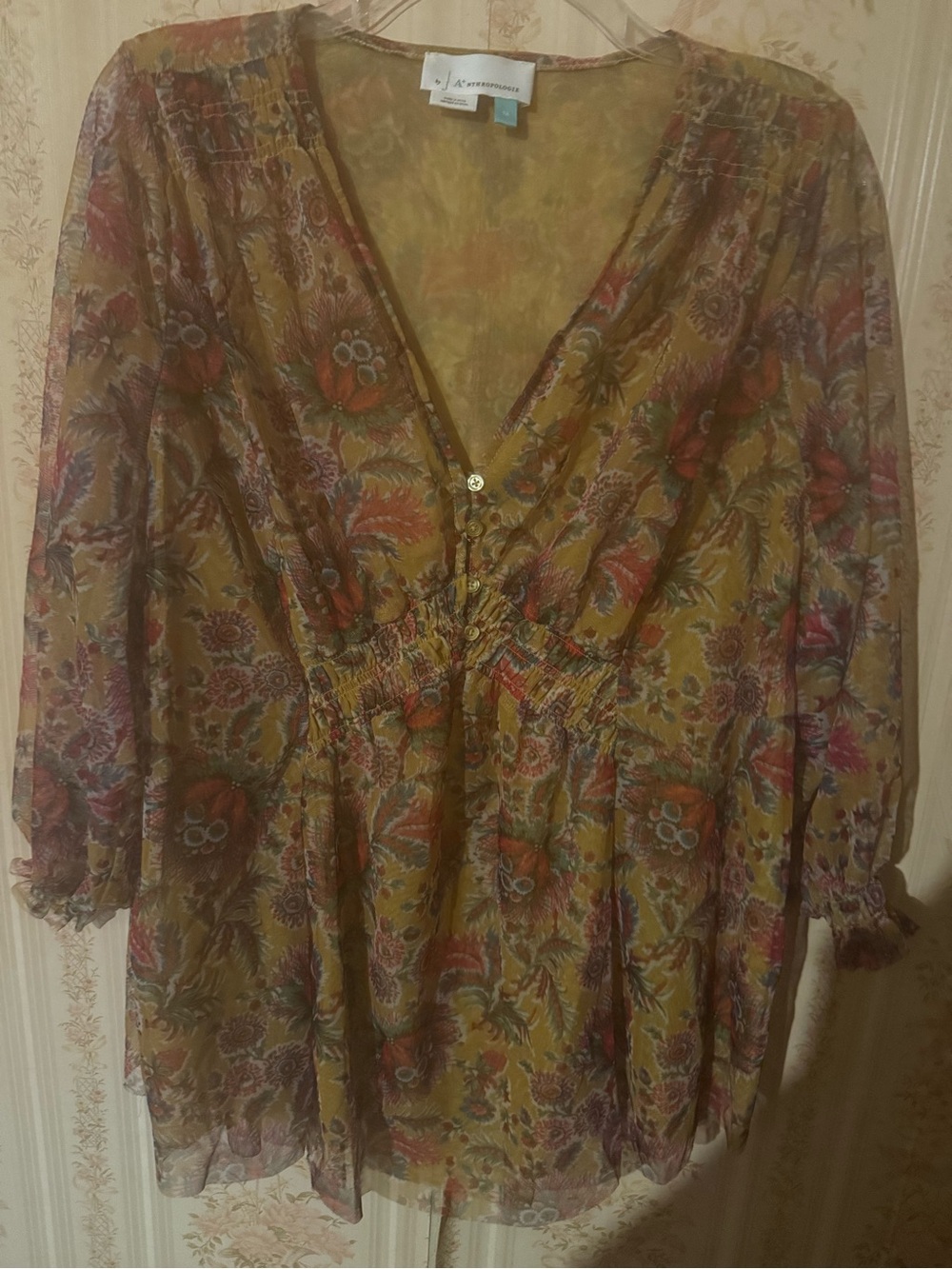 Anthropologie Mustard Floral V-Neck Blouse